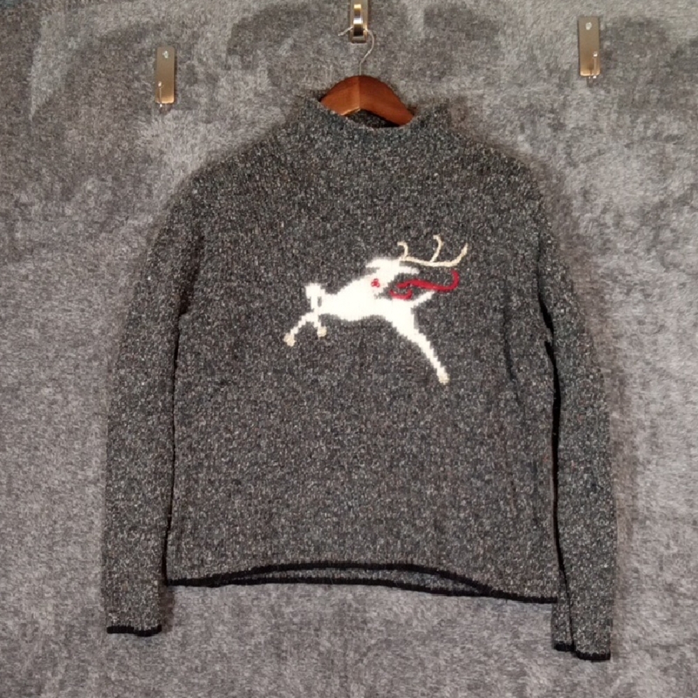 Liz Claiborne Gray Knit Sweater - Villager Sport Label Vintage Reindeer Sz M